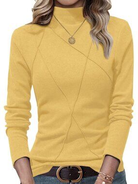 Women's Yellow Mock Turtleneck Long Sleeve Stitching Layering Slim Fit Tunic Top